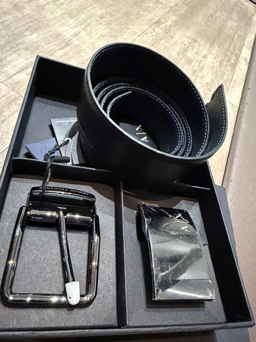 Armani Exchange Black Leather Men's Belt with Silver Buckle